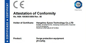 新能源防雷器通過TUV & CE認證-為電氣設備安全多一份保障--易造防雷